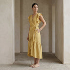 Light Yellow Yarn-Dyed Cotton Ruffle Midi Wrap Dress
