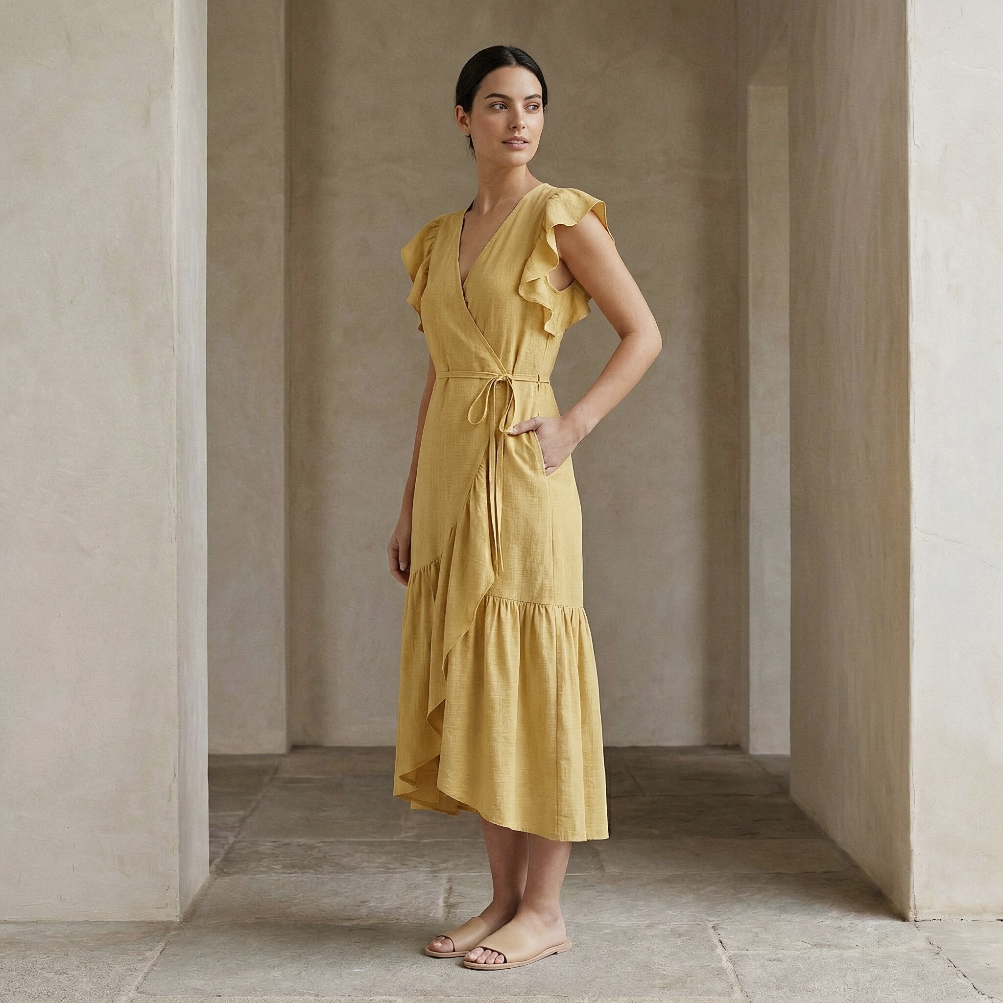 Light Yellow Yarn-Dyed Cotton Ruffle Midi Wrap Dress