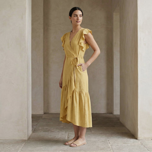Light Yellow Yarn-Dyed Cotton Ruffle Midi Wrap Dress