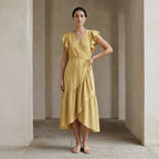 Light Yellow Yarn-Dyed Cotton Ruffle Midi Wrap Dress