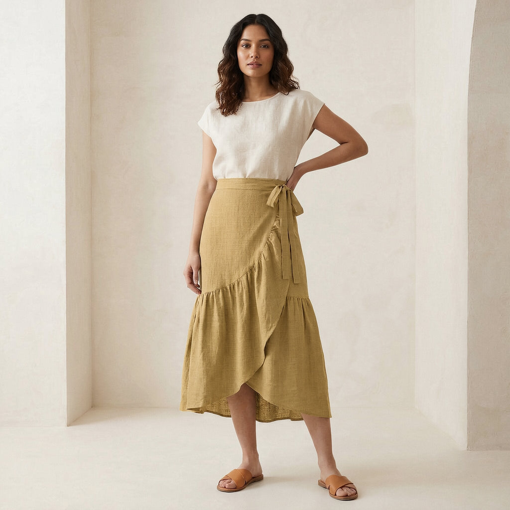 Light Yellow Yarn-Dyed Cotton Ruffle Midi Wrap Skirt