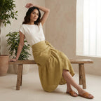 Light Yellow Yarn-Dyed Cotton Ruffle Midi Wrap Skirt