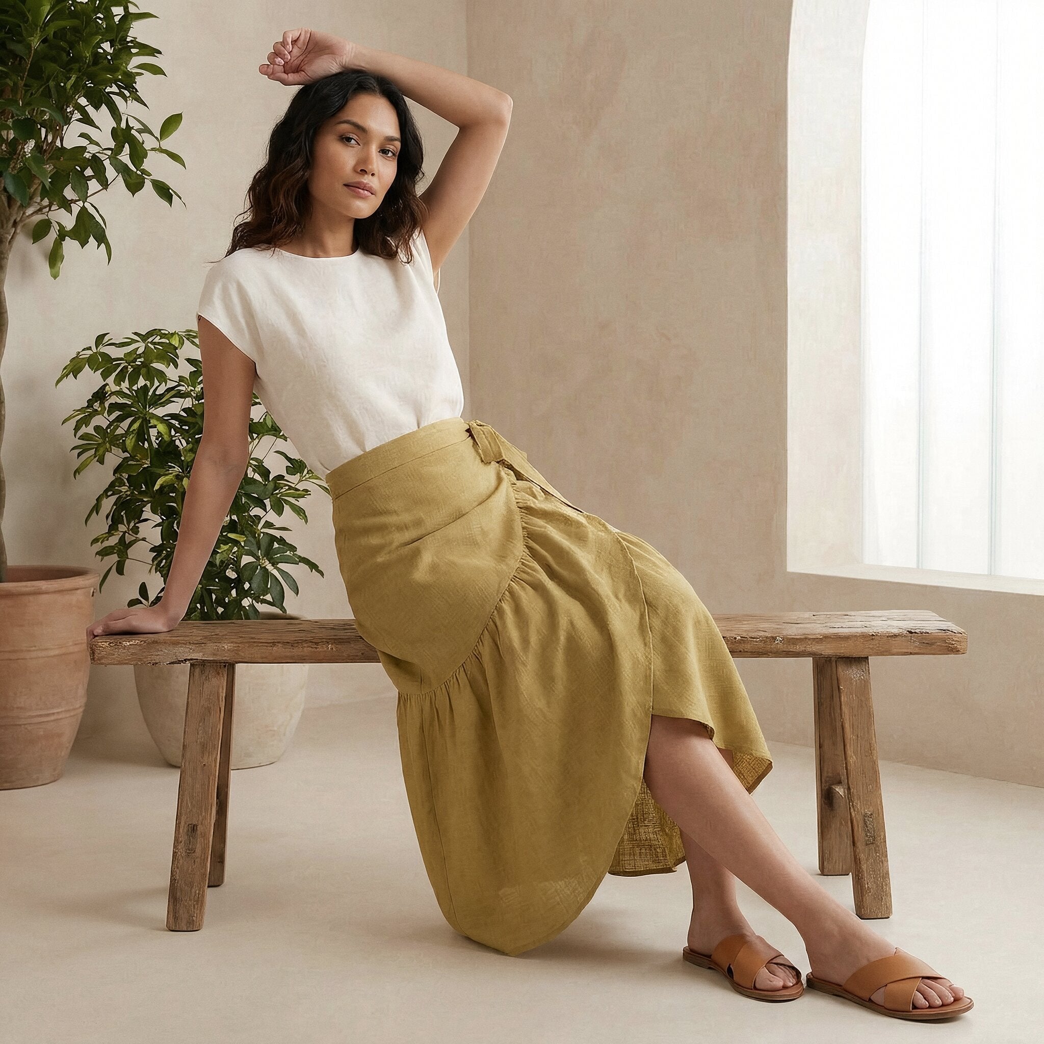 Light Yellow Yarn-Dyed Cotton Ruffle Midi Wrap Skirt