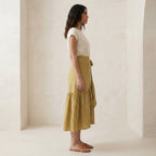 Light Yellow Yarn-Dyed Cotton Ruffle Midi Wrap Skirt