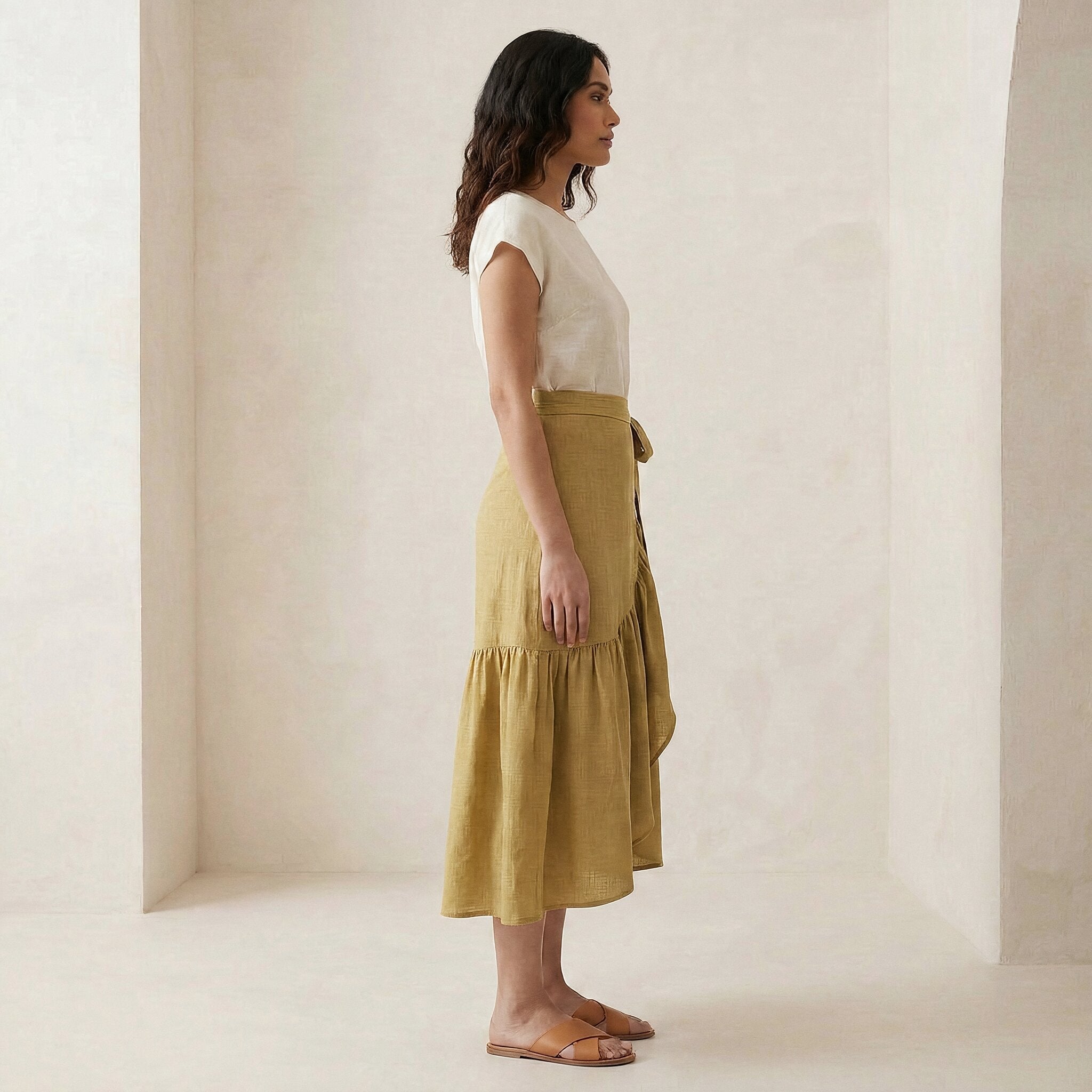 Light Yellow Yarn-Dyed Cotton Ruffle Midi Wrap Skirt