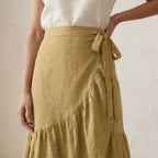 Light Yellow Yarn-Dyed Cotton Ruffle Midi Wrap Skirt