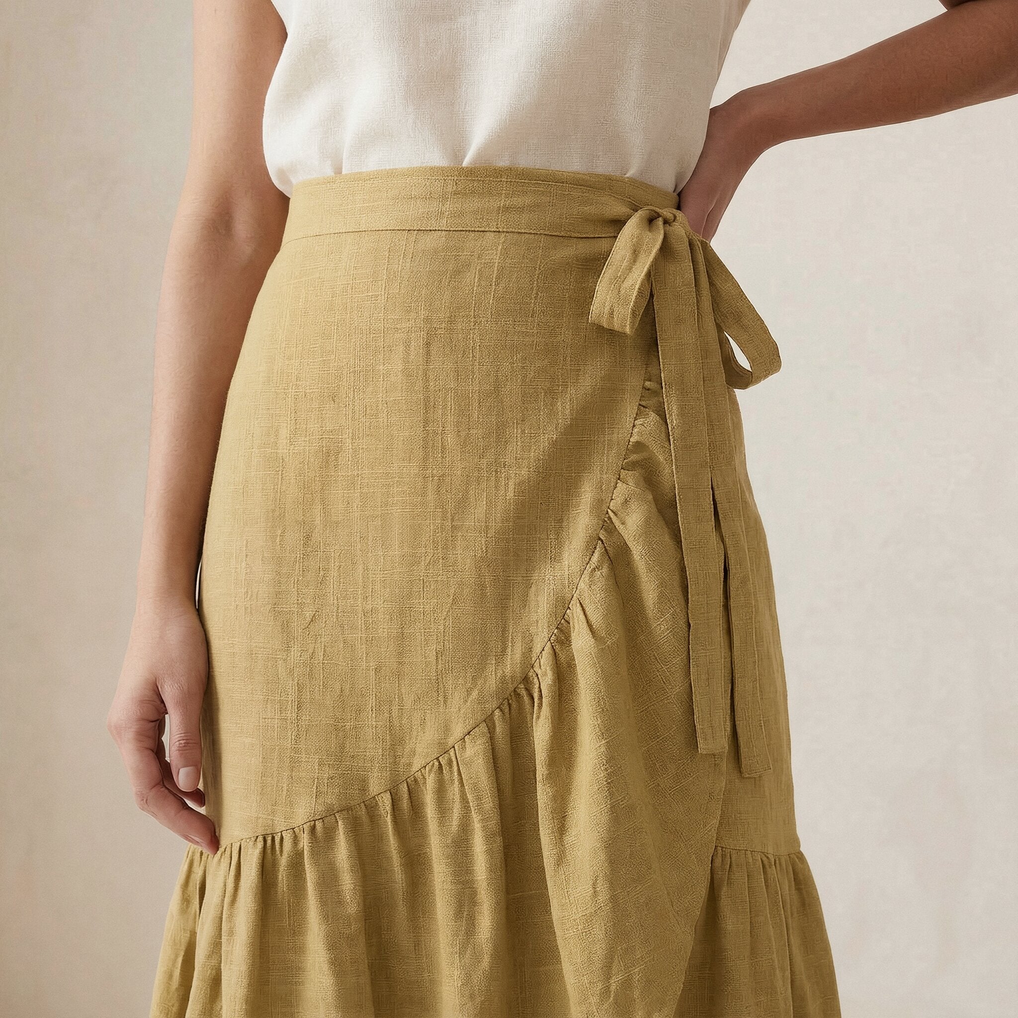 Light Yellow Yarn-Dyed Cotton Ruffle Midi Wrap Skirt
