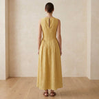 Light Yellow Yarn-Dyed Cotton Sleeveless Paneled Maxi Dress