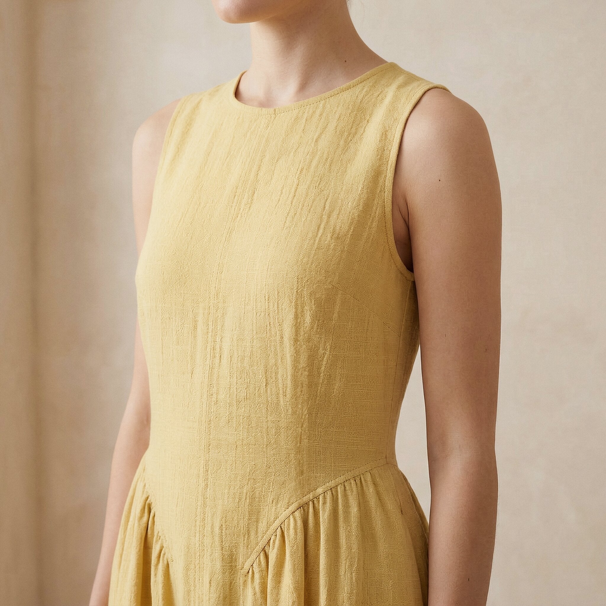 Light Yellow Yarn-Dyed Cotton Sleeveless Paneled Maxi Dress