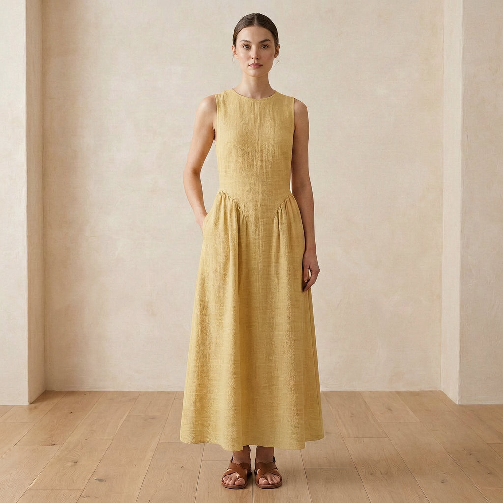 Light Yellow Yarn-Dyed Cotton Sleeveless Paneled Maxi Dress