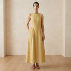 Light Yellow Yarn-Dyed Cotton Sleeveless Paneled Maxi Dress