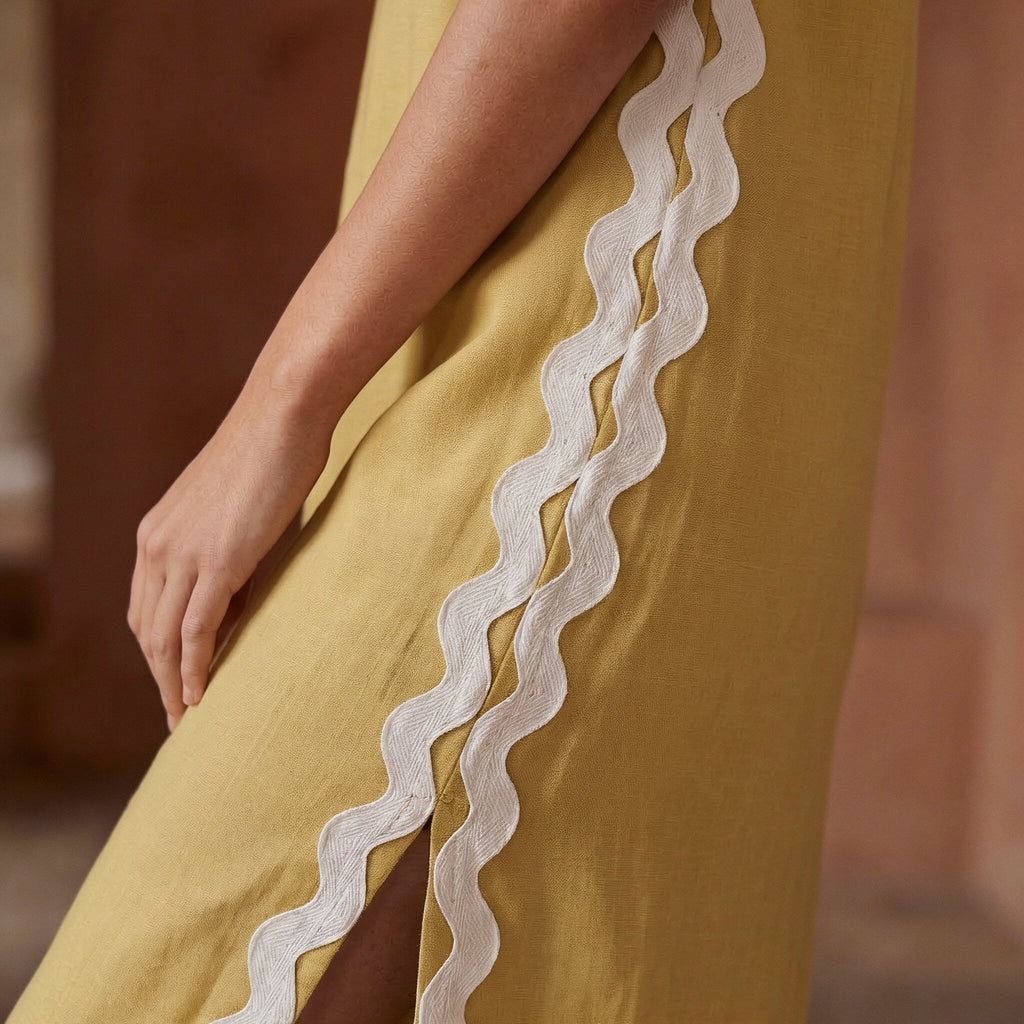 Light Yellow Yarn-Dyed Cotton Wavy Stripe Maxi Shift Dress