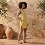 Light Yellow Yarn-Dyed Cotton Wavy Stripe Short Shift Dress