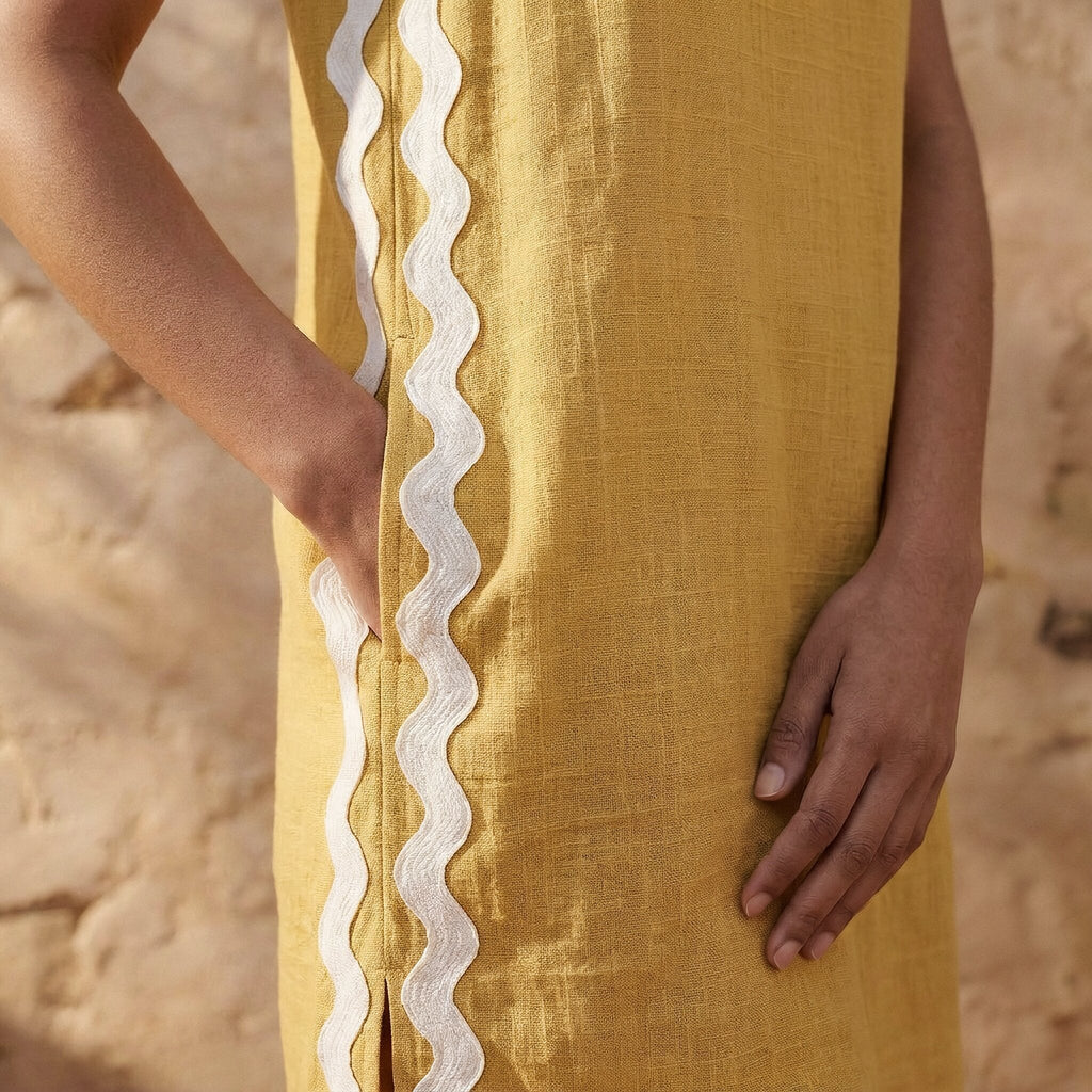 Light Yellow Yarn-Dyed Cotton Wavy Stripe Short Shift Dress