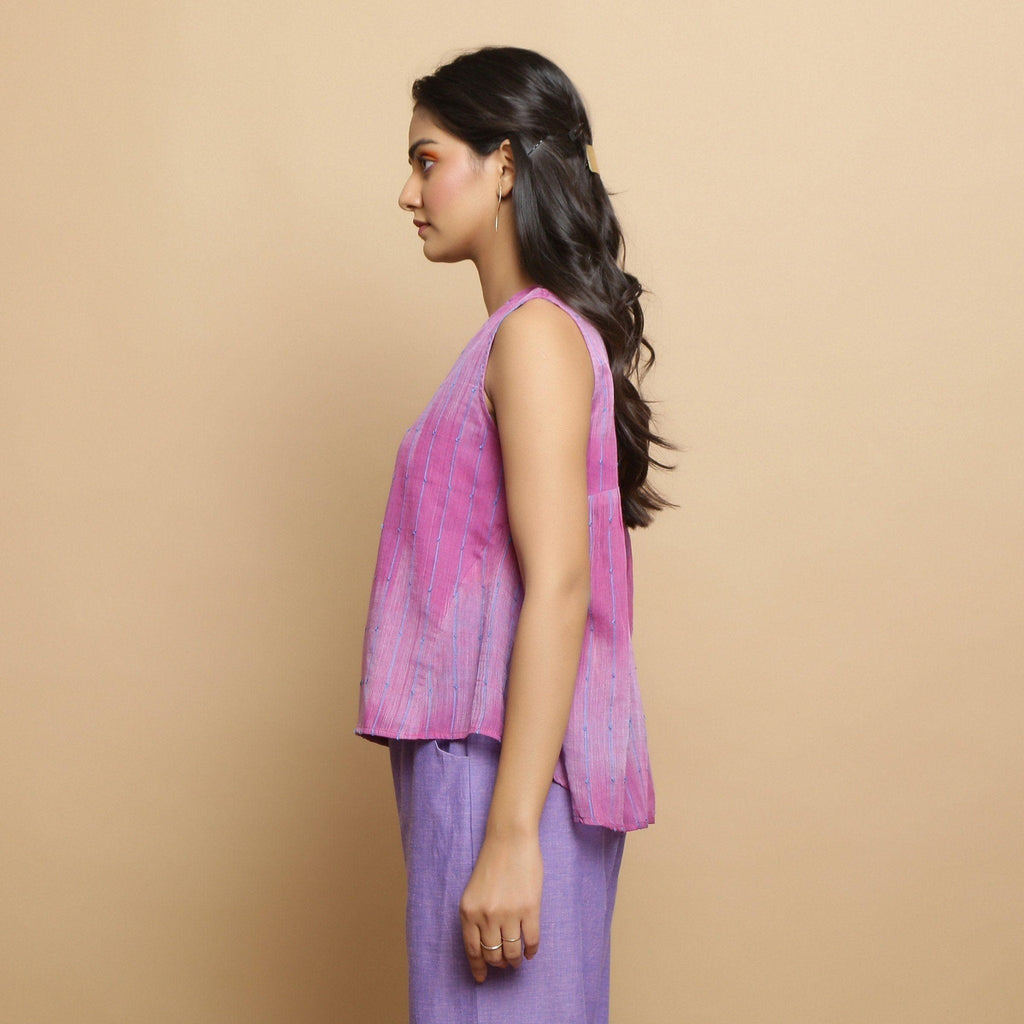 Left View of a Model wearing Lilac Cotton Keyhole Neck Godet Top