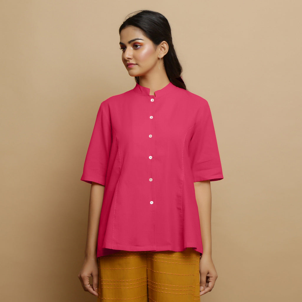 Front View of a Model wearing Lilac Mangalgiri Cotton Godet Top