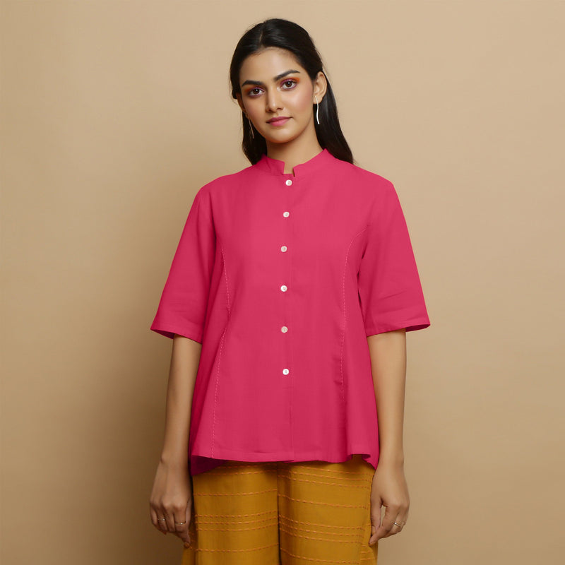 Front View of a Model wearing Lilac Mangalgiri Cotton Godet Top