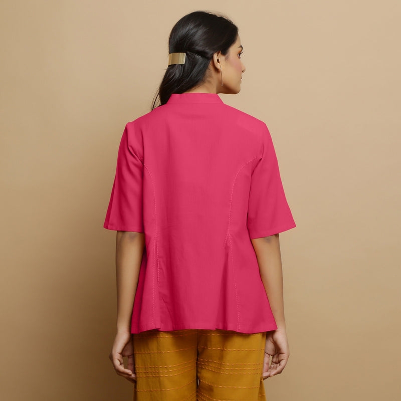 Back View of a Model wearing Lilac Mangalgiri Cotton Godet Top