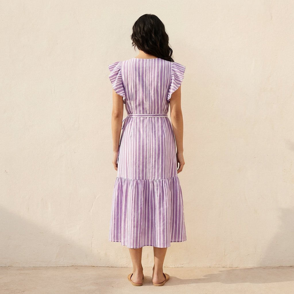 Lilac Stripes Block Print Cotton Ruffle Midi Wrap Dress