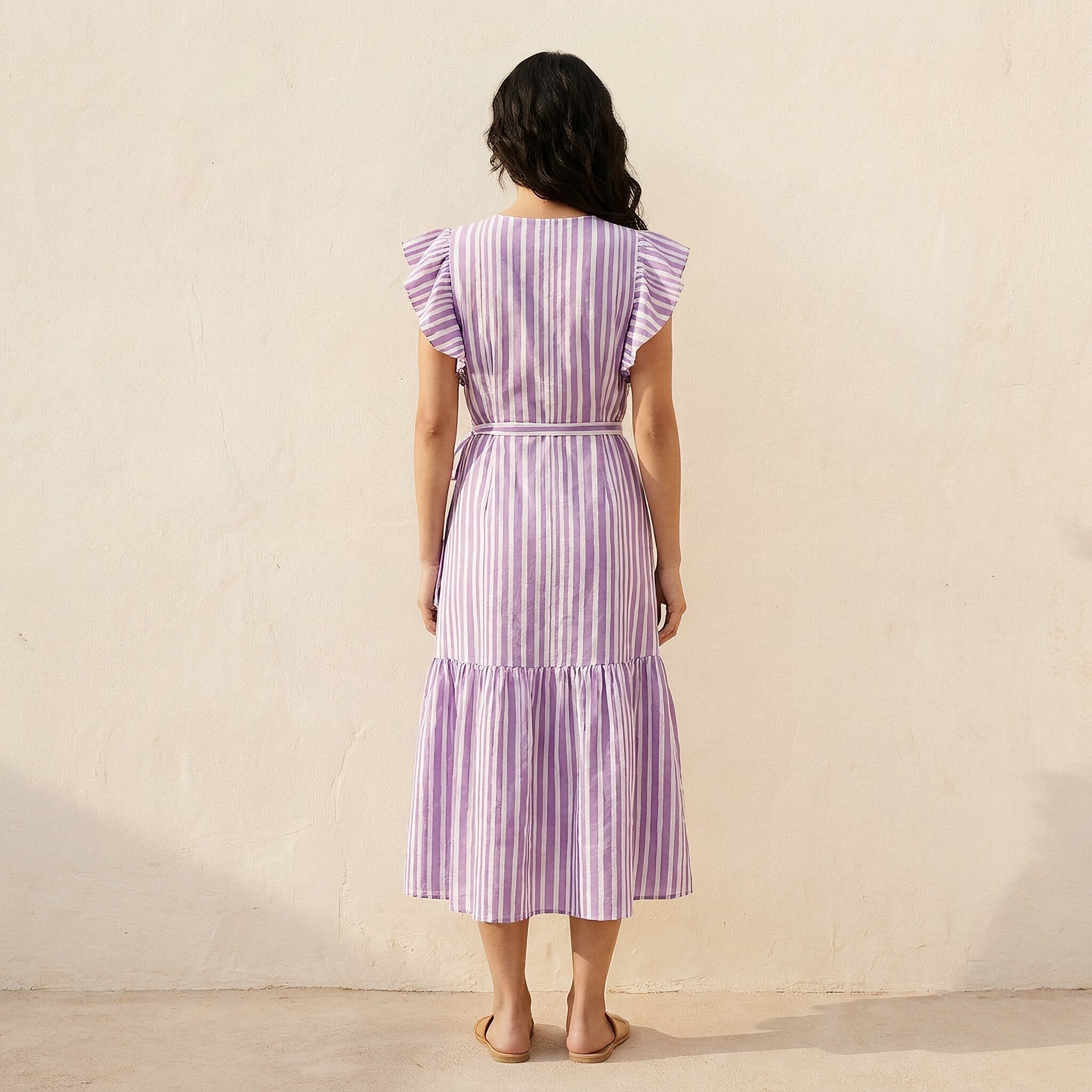 Lilac Stripes Block Print Cotton Ruffle Midi Wrap Dress