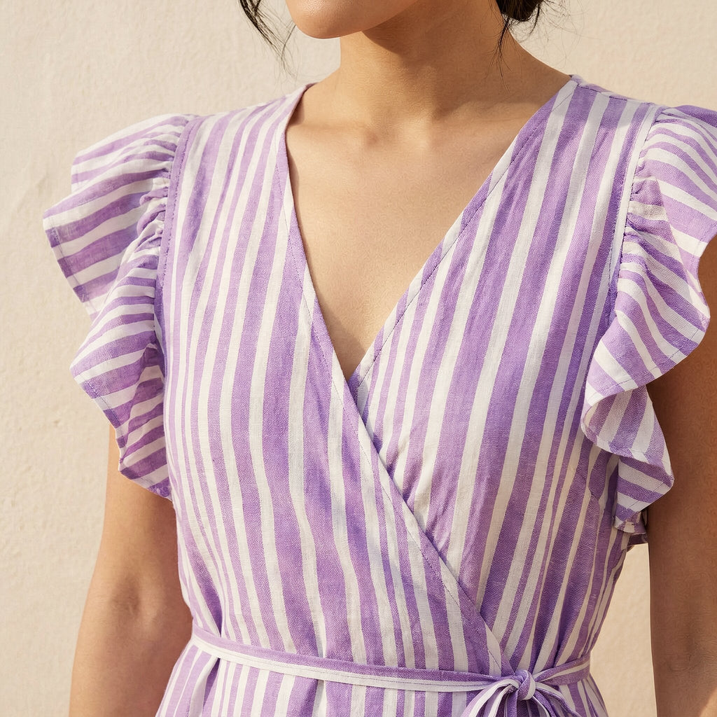 Lilac Stripes Block Print Cotton Ruffle Midi Wrap Dress