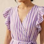 Lilac Stripes Block Print Cotton Ruffle Midi Wrap Dress