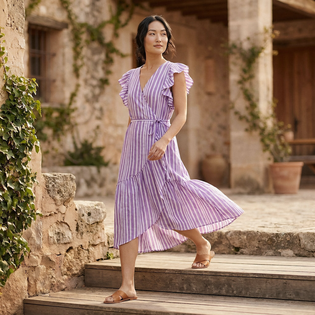 Lilac Stripes Block Print Cotton Ruffle Midi Wrap Dress