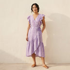 Lilac Stripes Block Print Cotton Ruffle Midi Wrap Dress