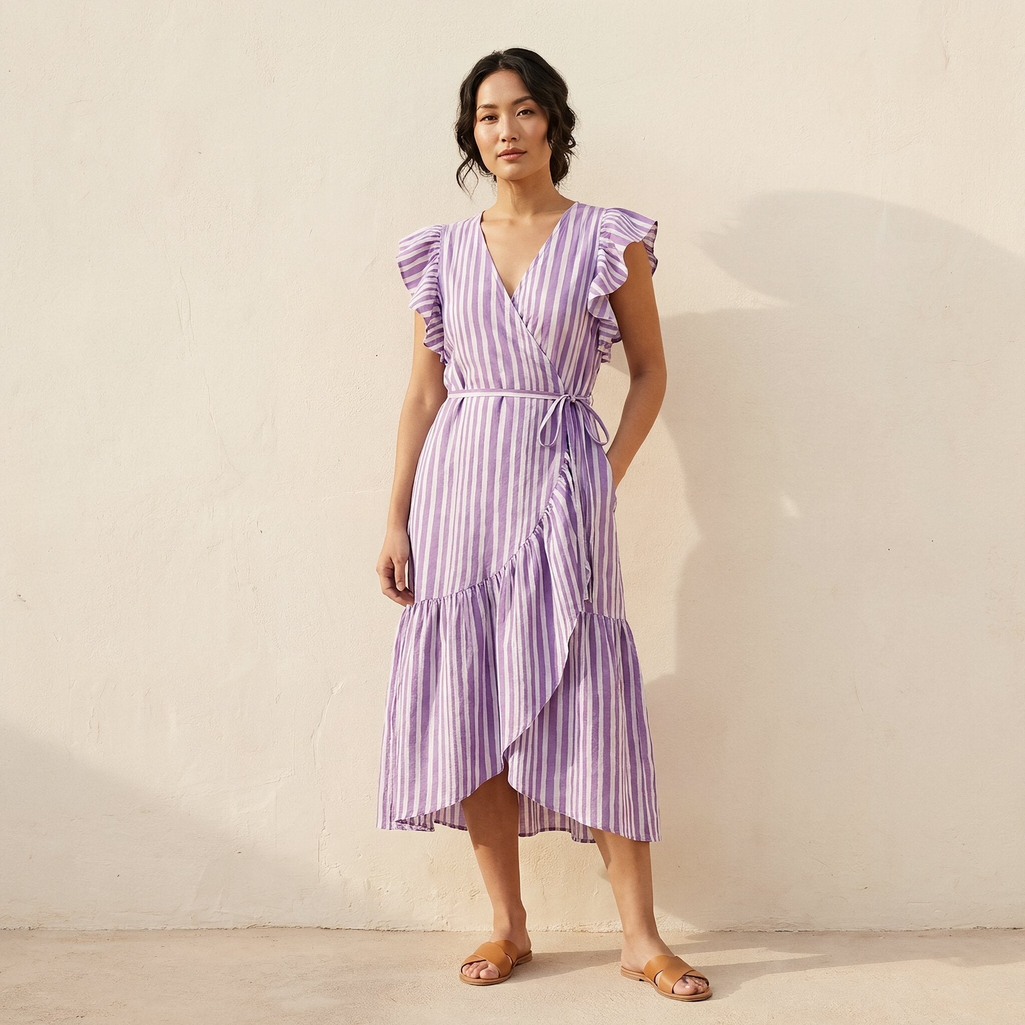 Lilac Stripes Block Print Cotton Ruffle Midi Wrap Dress