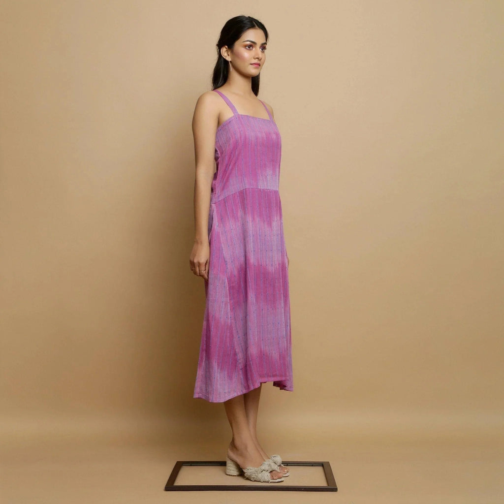 Right View of a Model wearing Lilac Cotton Strappy Godet Dress
