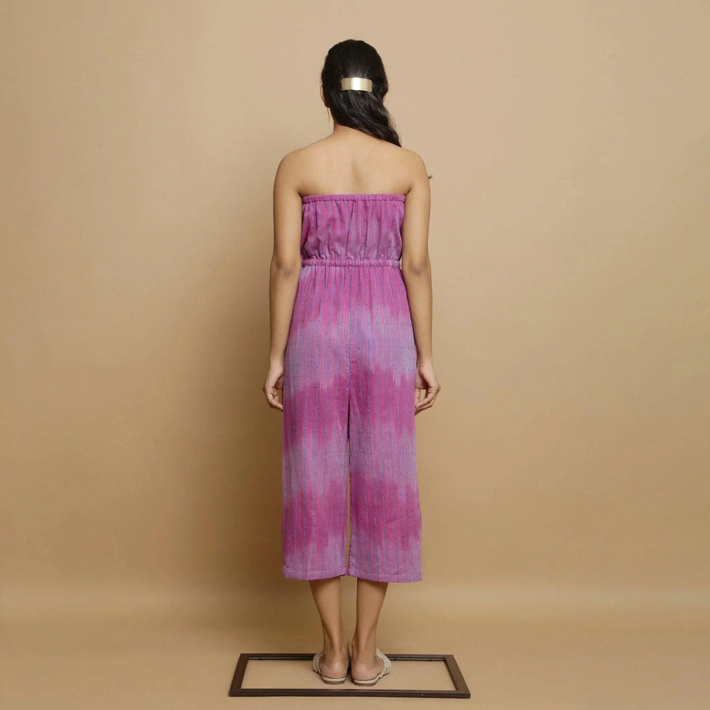 Back View of a Model wearing Lilac Handwoven Godet Culottes Jumpsuit