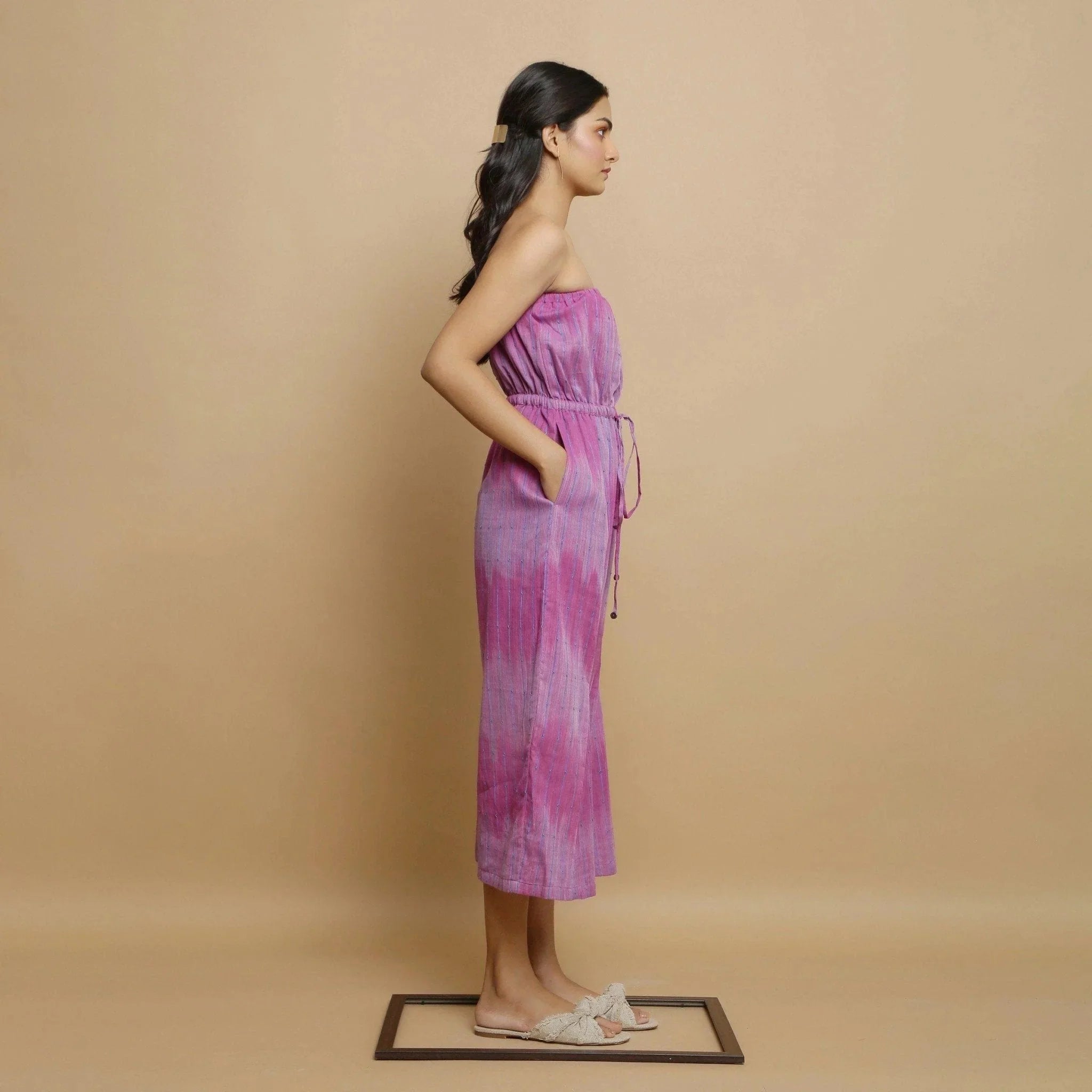 Right View of a Model wearing Lilac Handwoven Godet Culottes Jumpsuit