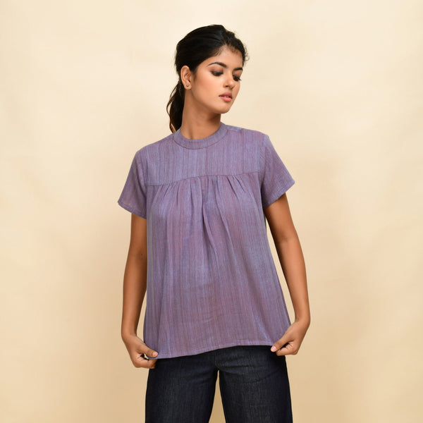 Front View of a Model wearing Lilac Yarn-Dyed 100% Cotton Gathered Top