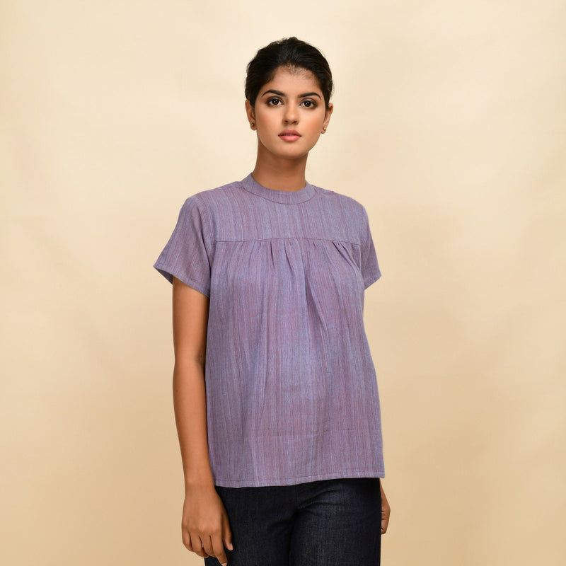 Front View of a Model wearing Lilac Yarn-Dyed 100% Cotton Gathered Top