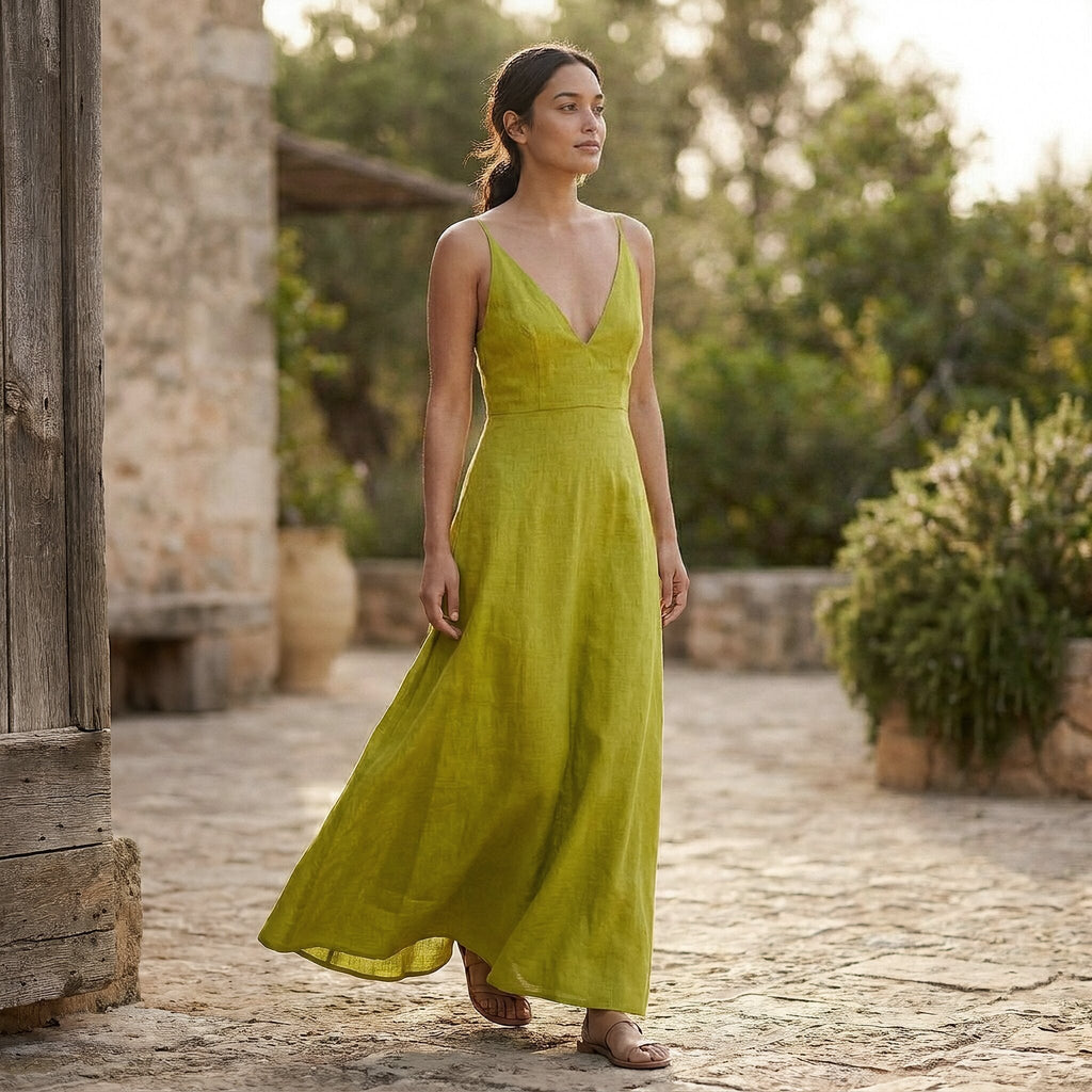Lime Green Cotton Flax Deep V-Neck Cami Maxi Dress