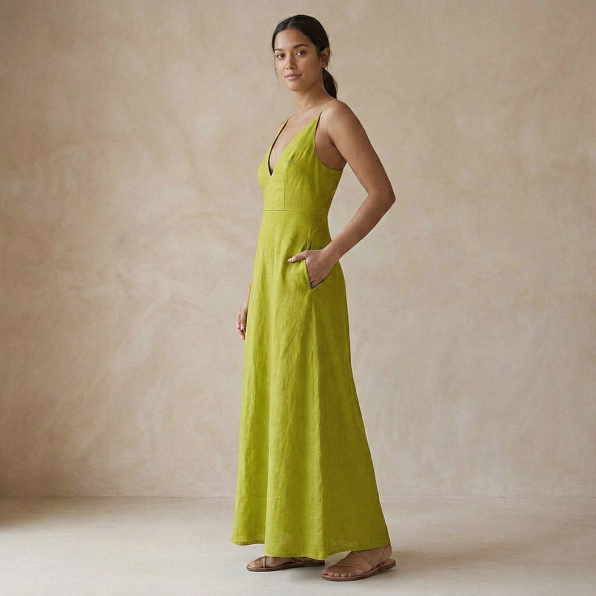Lime Green Cotton Flax Deep V-Neck Cami Maxi Dress
