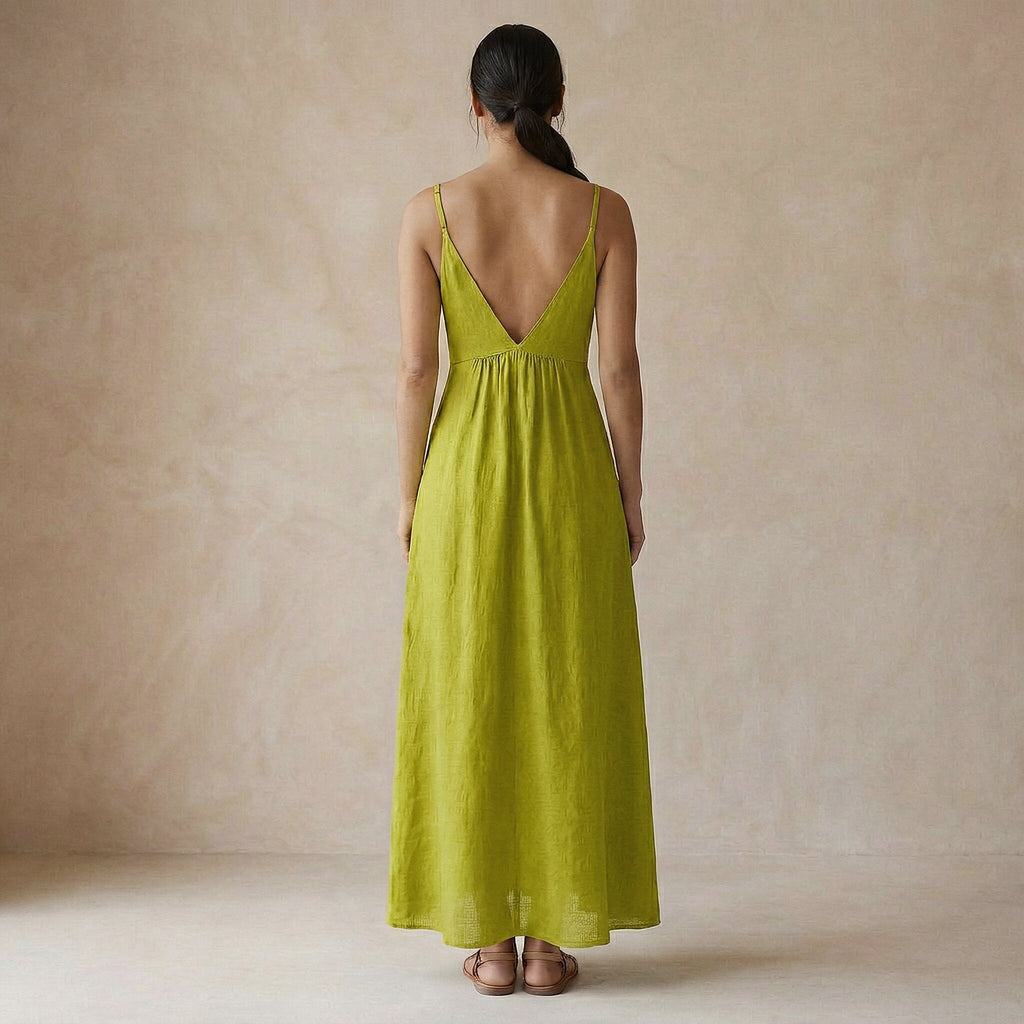 Lime Green Cotton Flax Deep V-Neck Cami Maxi Dress