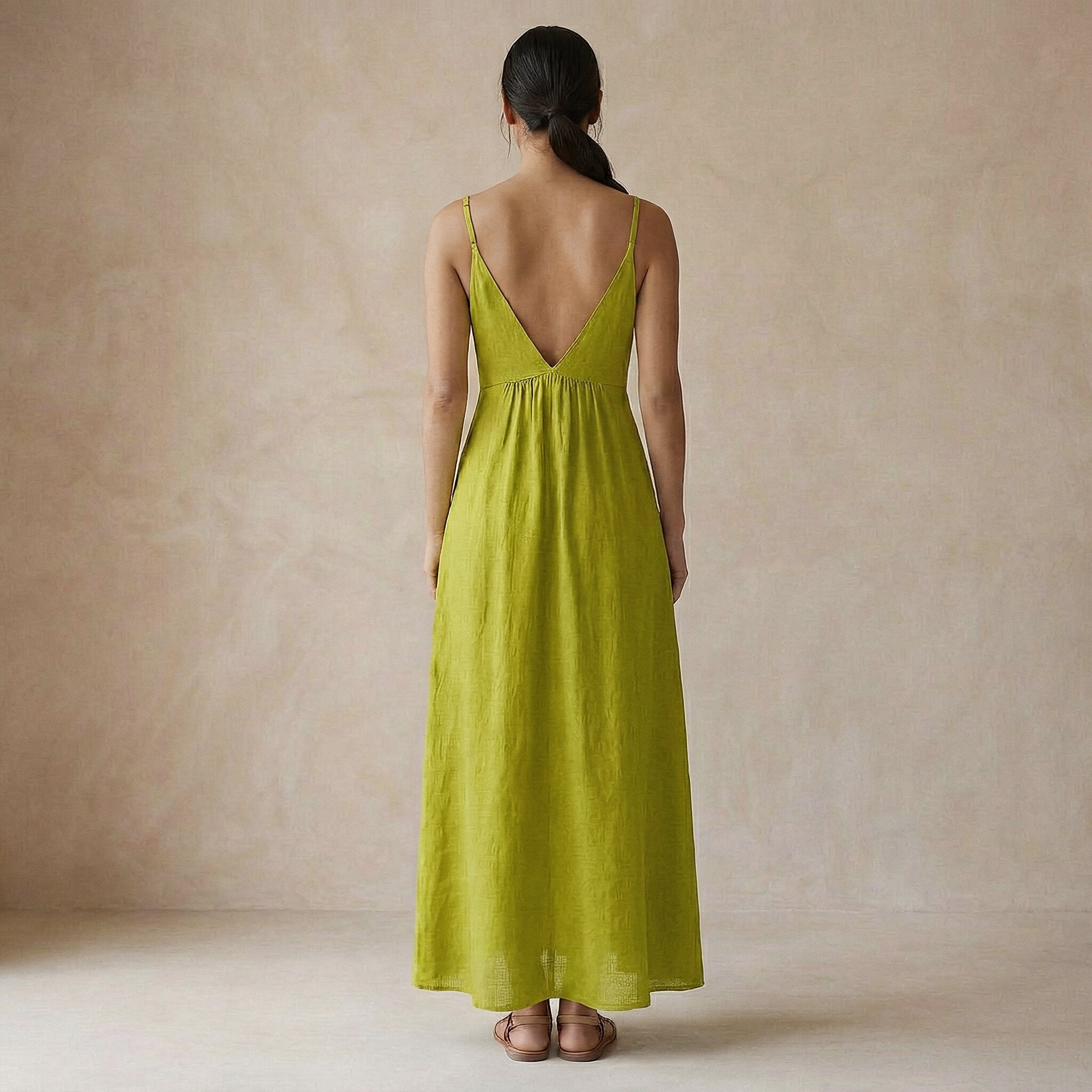 Lime Green Cotton Flax Deep V-Neck Cami Maxi Dress