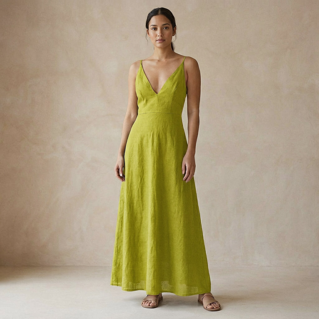 Lime Green Cotton Flax Deep V-Neck Cami Maxi Dress