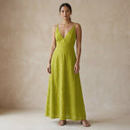 Lime Green Cotton Flax Deep V-Neck Cami Maxi Dress