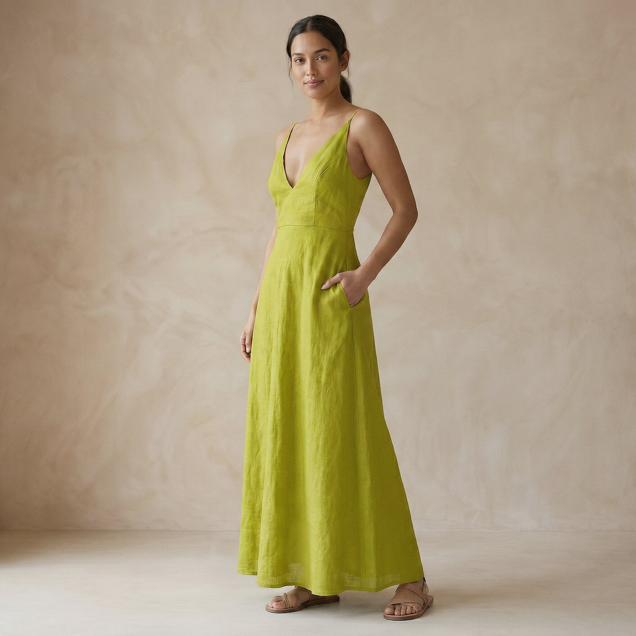 Lime Green Cotton Flax Deep V-Neck Cami Maxi Dress