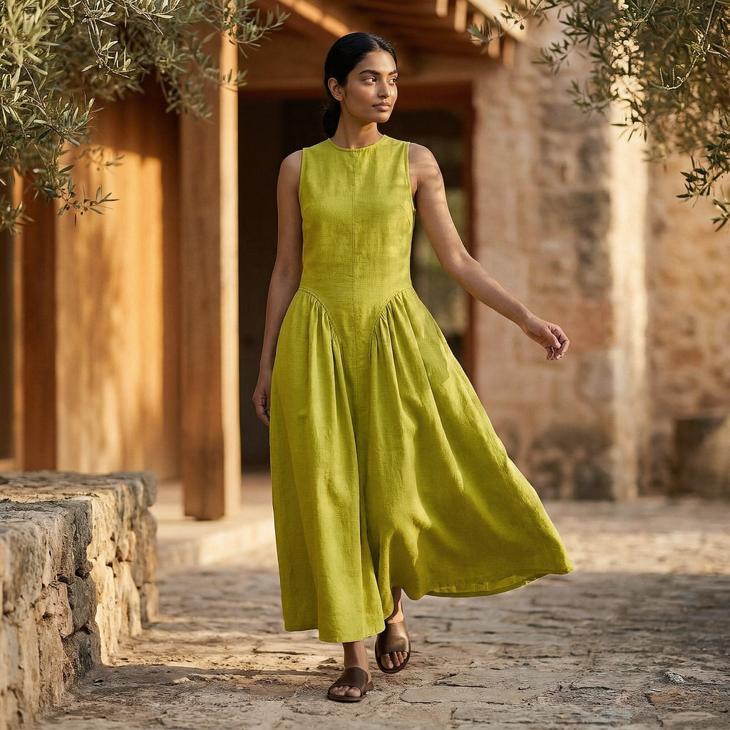 Lime Green Cotton Flax Sleeveless Paneled Maxi Dress
