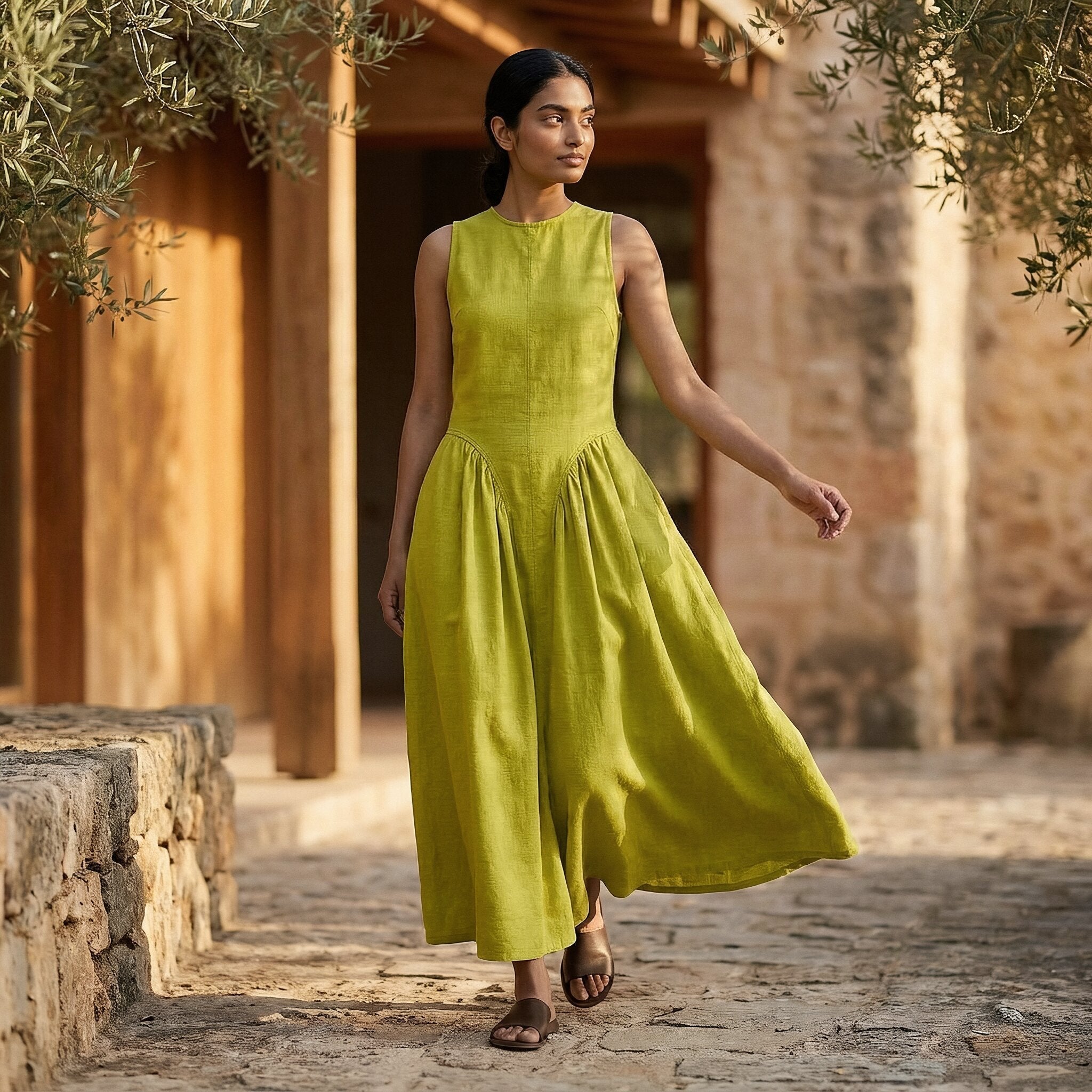 Lime Green Cotton Flax Sleeveless Paneled Maxi Dress