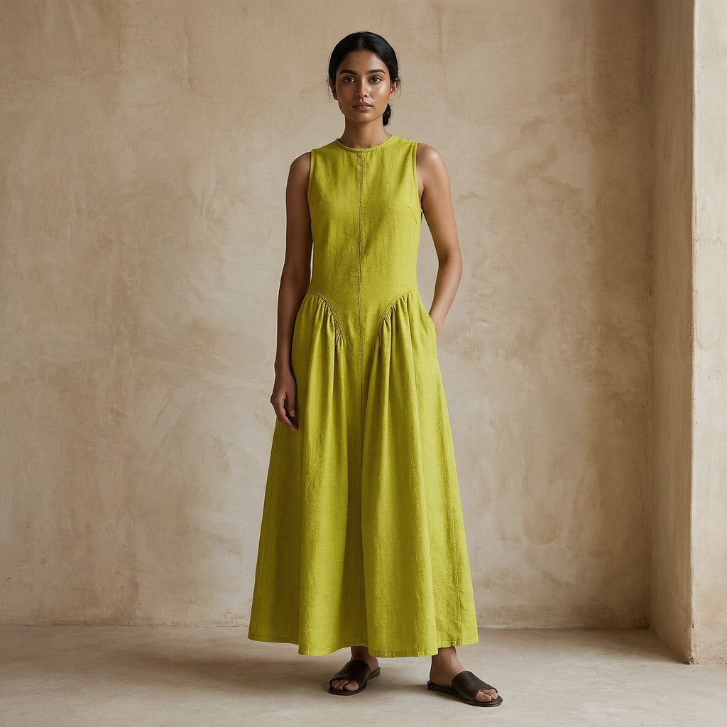 Lime Green Cotton Flax Sleeveless Paneled Maxi Dress