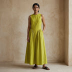 Lime Green Cotton Flax Sleeveless Paneled Maxi Dress