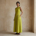 Lime Green Cotton Flax Sleeveless Paneled Maxi Dress