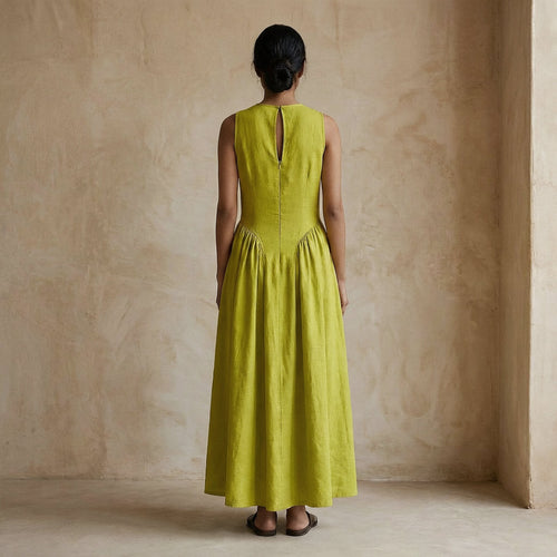 Lime Green Cotton Flax Sleeveless Paneled Maxi Dress