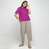 Front View of a Model wearing Magenta 100% Linen Keyhole Neck Peter Pan Collar Top