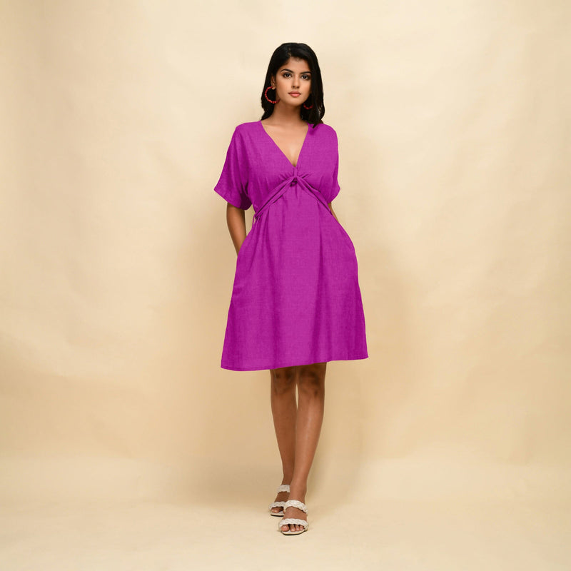 Magenta 100% Linen V-Neck Knee Length Blouson Dress