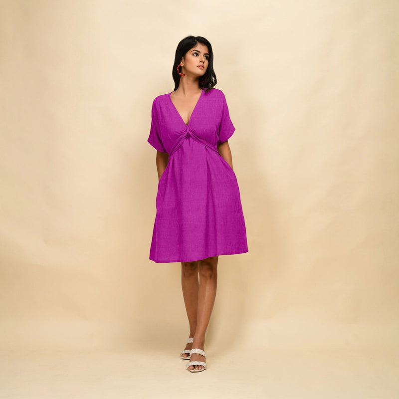 Magenta 100% Linen V-Neck Knee Length Blouson Dress